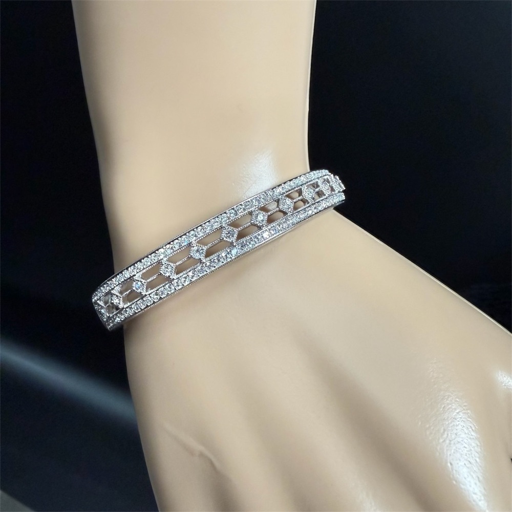 Nadri Silver Tone Crystal Hinged Bangle Bracelet Art Deco Openwork Pavé